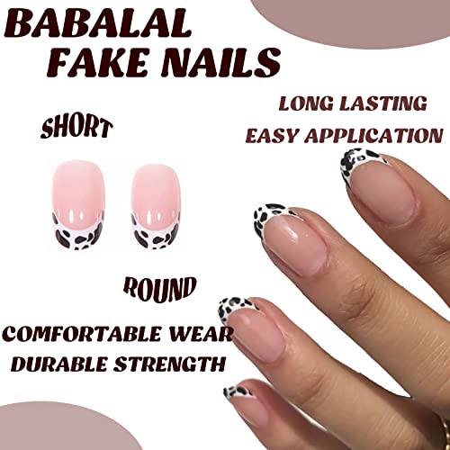 BABALAL Round Press on Nails Short Fake Nails Cow Print French Tip Glue on Nails 24Pcs Oval Acrylic Nails for Women and Girls - Image 5
