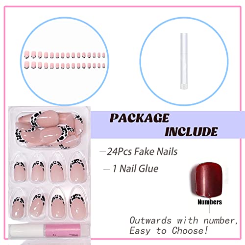 BABALAL Round Press on Nails Short Fake Nails Cow Print French Tip Glue on Nails 24Pcs Oval Acrylic Nails for Women and Girls - Image 4