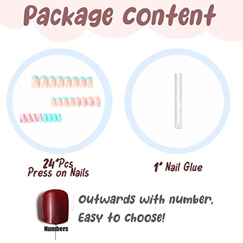 BABALAL Square Press on Nails Medium Blue French Tip Glue on Nails Purple Swirl Acrylic Nails 24Pcs Squoval Nails for Women and Girls - Image 4