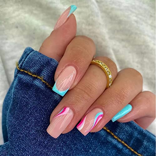 BABALAL Square Press on Nails Medium Blue French Tip Glue on Nails Purple Swirl Acrylic Nails 24Pcs Squoval Nails for Women and Girls