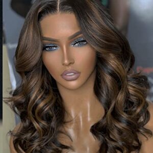 16" Balayage Highlight Loose Round Wavy Transparent 13x4 T Lace Front Glueless Human Hair Wig for Women