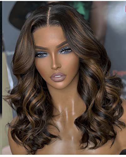 16" Balayage Highlight Loose Round Wavy Transparent 13x4 T Lace Front Glueless Human Hair Wig for Women