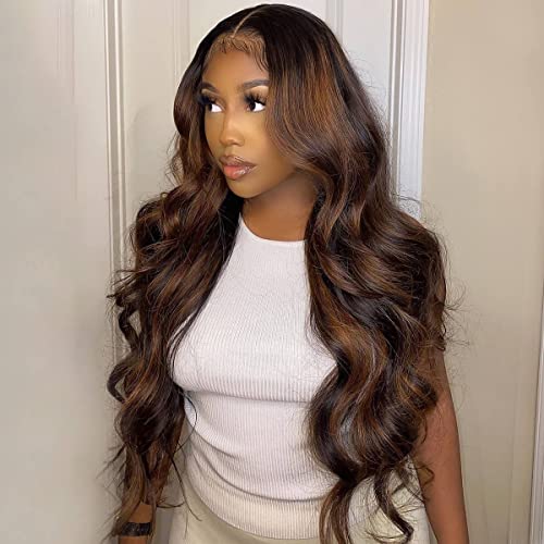 16" Balayage Highlight Loose Round Wavy Transparent 13x4 T Lace Front Glueless Human Hair Wig for Women - Image 2