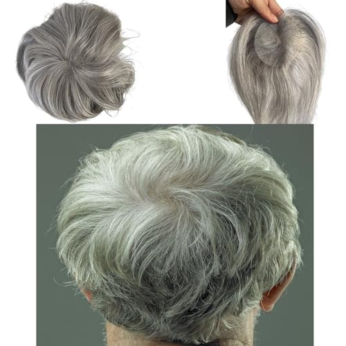 Bald Spot Hair Patch Toupee for Men 3.15x3.15inches Full PU Skin Base Cover-up Hair Patches Pieces Human Hair Topper Reaplcement Systems Hairpiece (1B Black Mixed 80% Grey Color)