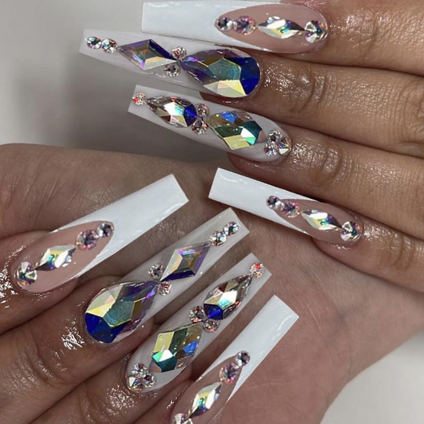 Ballerina Press On Nails French Tip Fake Nails, Full Cover Gel Reusable Acrylic Nails, Reusable Nail Kit with Nail Glue Adhesive Tabs Mini Nail File, Glue on Nails DIY Stick On Nails for Women 24Pcs
