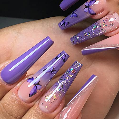 Ballerina Press on Nails Long Length, Full Cover Reusable Fake Nails Kits, Glue On Nails with Purple Butterfly Designs, Artificial Fingernails Acrylic Fake Nails for Women, Stick on Nails Coffin Shape