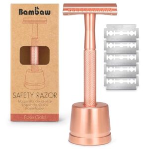 Bambaw Rose Gold Double Edge Safety Razor Set with Stand and 5 Blades for Women