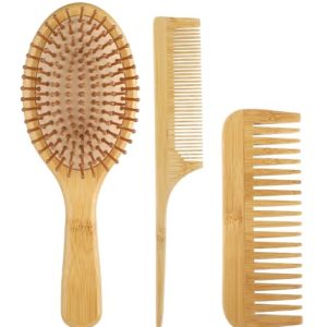 Bamboo Paddle Hair Brush, 3PCS Bamboo Hair Brush Set, Natural Bamboo Comb Paddle Detangling Hairbrush, Wooden Comb for Women Men, and Kids Massage Scalp Thick/Thin/Curly/Dry Hair