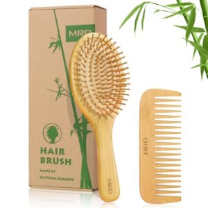Bamboo Paddle Hair Brush and Comb Set Natural Eco-Friendly No Wooden Hairbrush Reduce Frizz and Massage Scalp Thin Long Curly MRD For Women Men and Kids