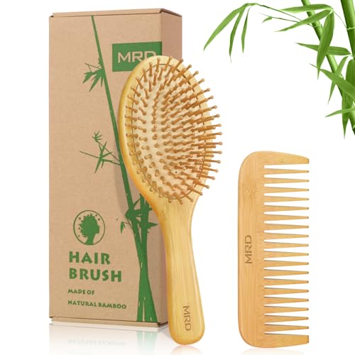 Bamboo Paddle Hair Brush and Comb Set Natural Eco-Friendly No Wooden Hairbrush Reduce Frizz and Massage Scalp Thin Long Curly MRD For Women Men and Kids