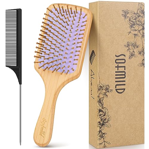 Bamboo Wooden Paddle Hair Brush-Bamboo Wood Bristles Detangling Hairbrush for Women Men Massaging Scalp Hair Growth