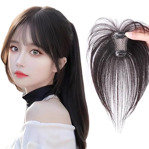 Bangs Hair Toppers For Women With Thinning Hair 100% Real Human Hair Pieces Silk Base Clip In Hair Toupee 22cm Black Hair Extensions Top Wig For Daily Use