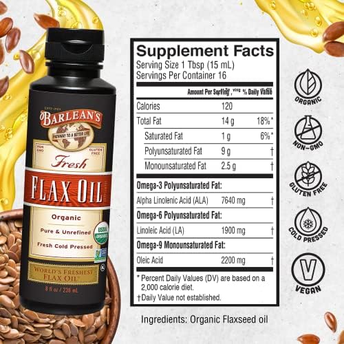 Barlean's Organic Flaxseed Oil Liquid 8 oz 7,640mg ALA Omega 3 Vegan Gluten Free - Image 6