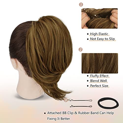 BARSDAR Hair Bun Ponytail Extension Straight Synthetic Fully Short Ponytail Bun Extensions Hairpieces Easy Elastic Scrunchies Hair Bun for Women- Brown mix Strawberry Blonde - Image 3