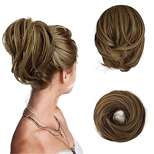 BARSDAR Hair Bun Ponytail Extension Straight Synthetic Fully Short Ponytail Bun Extensions Hairpieces Easy Elastic Scrunchies Hair Bun for Women- Brown mix Strawberry Blonde