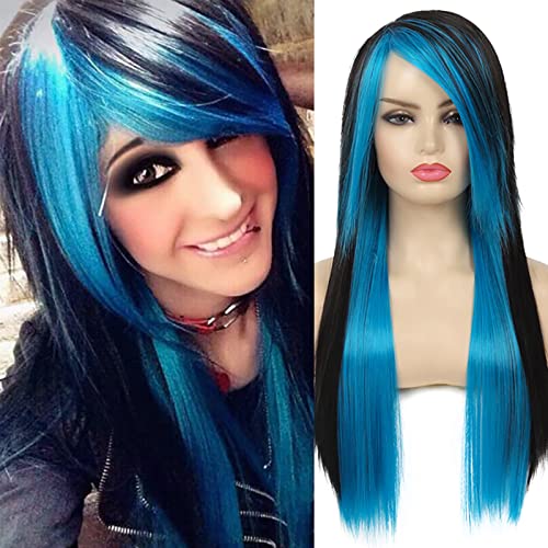 Baruisi Long Blue Black Wig Silky Straight Synthetic Heat Resistant Side Bangs Halloween Costume Hair Wigs for Women Girls