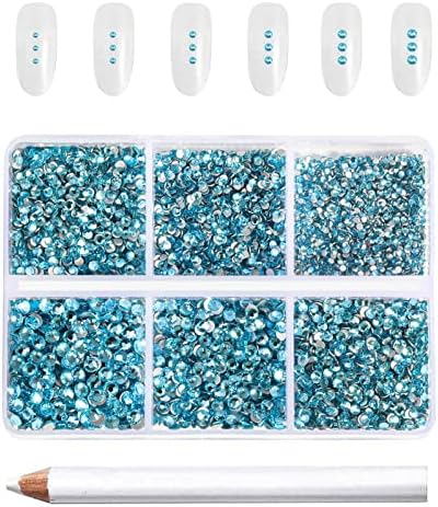 Beadsland 7200pcs Flatback Rhinestones,Blue Rhinestones Nail Gems Round Crystal Rhinestones for Crafts,Mixed 6 Sizes with Wax Pencil Kit, SS3-SS10,Aquamarine