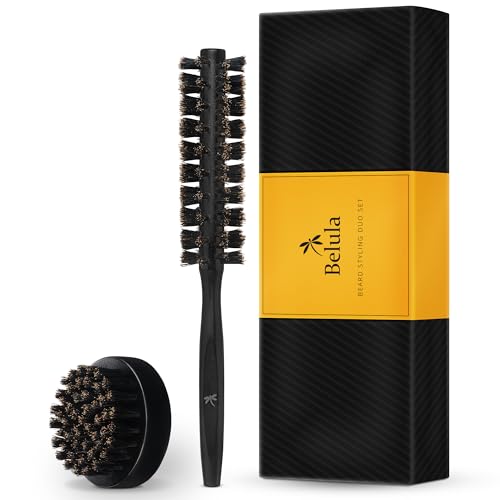 Beard Brush for Men & Palm Brush. Beard Brush Kit. Duo Round Shaped Boar Bristle Beard Brush with Black Wooden Barrel. Mens Brush and Palm Brush Set