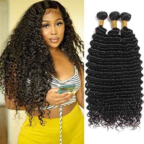 Beaufox Hair Deep Wave Bundles Human Hair 20 22 24 Inch Curly Bundles 100% Unprocessed Virgin Remy Hair Natural Color for Black Women Deep Curly 3 Bundles Hair Extension Doubles Weft Weave