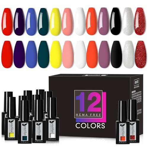 Beautilux 12 Piece Hema-Free Gel Nail Polish Kit Red Black White Glitter DIY Nail Art