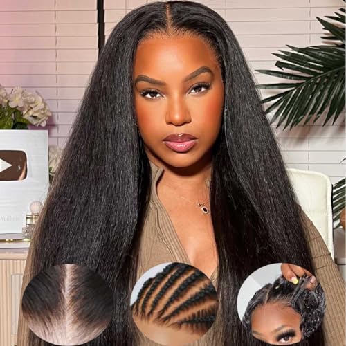 Beauty Forever Bye Bye Knots Put on and Go Glueless Yaki Straight Wig 7x5 Pre-Cut Lace Closure Wig,Easy to Wear Kinky Human Hair Beginners Wig for Women Pre Plucked 150% Density Natural Color 16 Inch