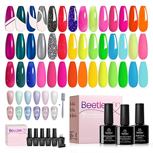 Beetles 20 Colors Gel Art Kit with 3Pcs Base Gel Glossy Top Coat and Nail Glue 7Pcs Mirror Effect Metal&6 Colors Holographic Glitter Cat Eye Gel Polish Kit with Magnet Romantic