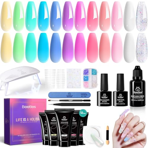 Beetles 23-Piece Poly Extension Gel Nail Kit Spring Pastel Colors with Chrome Powder