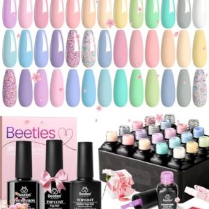 Beetles 23Pcs Gel Nail Polish Kit, Spring Summer Pastel Paradise Macaron Colors Bright Pink Popular Nail Art Solid Sparkle Glitters Gel Polish Set with Base Gel Glossy & Matte Top Coat Gifts for Mom