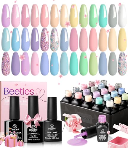 Beetles 23Pcs Gel Nail Polish Kit, Spring Summer Pastel Paradise Macaron Colors Bright Pink Popular Nail Art Solid Sparkle Glitters Gel Polish Set with Base Gel Glossy & Matte Top Coat Gifts for Mom