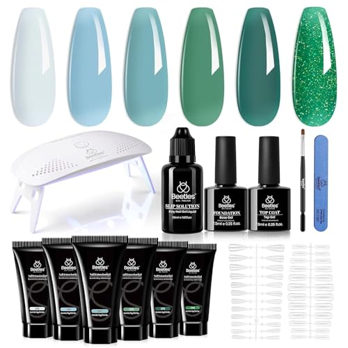 Beetles 23Pcs Pastel Gel Nail Polish Kit with Beetles Green Poly Nail Extension Gel Kit with UV Lamp, 9 Pcs Clear Pastel Jelly