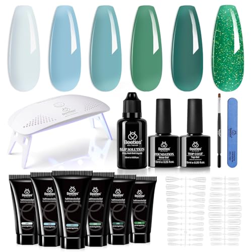 Beetles 23Pcs Pastel Gel Nail Polish Kit with Beetles Green Poly Nail Extension Gel Kit with UV Lamp, 9 Pcs Clear Pastel Jelly - Image 6