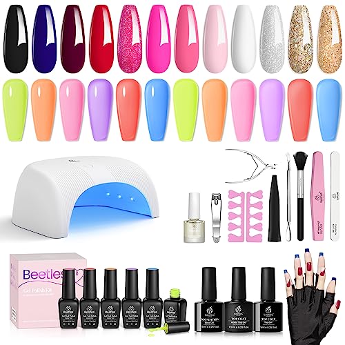 Beetles Charming Diva Gel Polish Starter Kit Snow White Soft Pink Manicure with Led Nail Lamp Base Top Coat & Summer Jelly Tint Neon Gel Translucent Sheer Red Hot Pink Purple Bright Blue Yellow Set