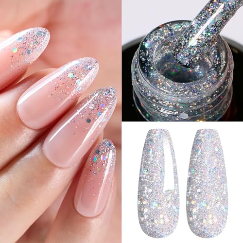 Beetles Gel Nail Polish Glitter Diamond Shine Nail Polish, 15ml Silver Chrome Gel Polish, Soak Off U V LED Nail Lamp Gel Polish Nail Long Lasting Highly Shine Art Manicure Salon DIY Home for Women