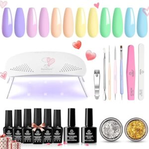 Beetles Gel Nail Polish Kit with Light Starter Kit, Candy Land Collection Pastel Gel Polish Set Mint Green Baby Blue Soft Pink Colors Soak Off UV LED Lamp, Base Gel Top Coat DIY Home Manicure