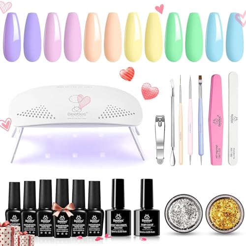 Beetles Gel Nail Polish Kit with Light Starter Kit, Candy Land Collection Pastel Gel Polish Set Mint Green Baby Blue Soft Pink Colors Soak Off UV LED Lamp, Base Gel Top Coat DIY Home Manicure