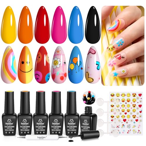 Beetles Gel Nail Polish Set 6 Colors Summer Rainbow Neon Gel Polish with Double Ended Dotting Pen & Nail Sticker & Color Display Tips Pink Blue Black Red Gel Polish Smiley Face Nail Gel Polish