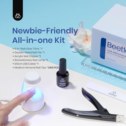 beetles Gel Polish 15ml Barely Pink Nails Gel Soak Off LED Nail UV LED Lamp with Easy Nail Extension Set 5 In 1 Nail Glue Gel Base Coat with Pre shaped Medium Almond Soft Gel Nail Tips Nail Art Diy - Image 7