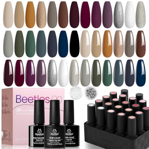 beetles Gel Polish Gel Nail Kit with Base Top Coat-20 Colors Industrial Wave Collection with Jelly Gel Nail Polish Set 20 Colors Neutral Sheer Nude Pink Glitter White Color Soak Off UV Gel Kit