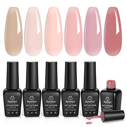 beetles Gel Polish Nail Art Liner Set with 6 PCS Jelly Gel Polish Nude Pink Color Gel Neutral Nail Art Design Translucent Gel Nail Kits 6 Pcs Black White Red Gold Silver Glitters Colors Paint - Image 6