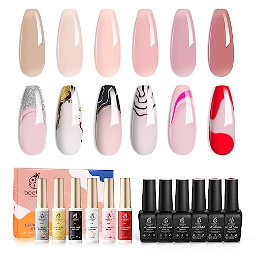 beetles Gel Polish Nail Art Liner Set with 6 PCS Jelly Gel Polish Nude Pink Color Gel Neutral Nail Art Design Translucent Gel Nail Kits 6 Pcs Black White Red Gold Silver Glitters Colors Paint