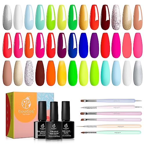 Beetles Gel Polish Nail Kit with 6pcs Nail Art Brushes Set and 3 Pcs Matte and Glossy Top Coat Base, 20 Colors Neon Collection Hot Pink Magenta Lemon Green Soak Off Manicure Starter Kit