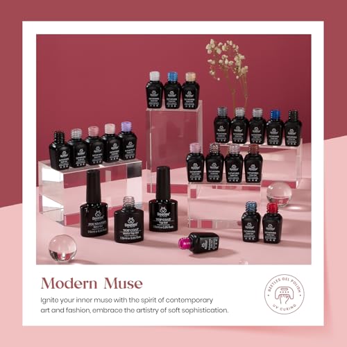 beetles Gel Polish Nail Set 20 Colors Modern Muse Collection Nude Gray Pink Blue Glitter with Nail Extension Set 5 In 1 Nail Glue Gel Base Coat with Pre shaped Medium Almond Soft Gel Nail Tips and UV - Image 4