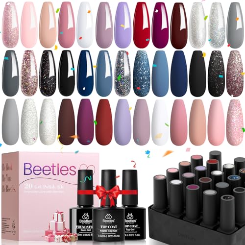 beetles Gel Polish Nail Set 20 Colors Modern Muse Collection Nude Gray Pink Blue Glitter with Nail Extension Set 5 In 1 Nail Glue Gel Base Coat with Pre shaped Medium Almond Soft Gel Nail Tips and UV - Image 2