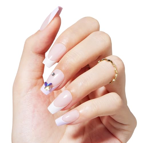 Beetles Gel Polish Press On Nails 288 Pcs Classic French Tip Medium Coffin Fake Nails All Season Purple False Nails Gifts for Women Girls
