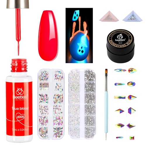 beetles Gel Polish Red Gel Liner Nail Art Glow in the Dark Luminous Blue Gel Manicure Halloween Fall Winter Gel Nail Art Rhinestones Glue Set for Diy Nail Art