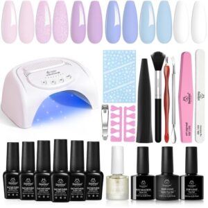 Beetles Gel Polish Starter Kit with Uv Light, 6 Colors White Blue Purple Glitter Gel Polish DIY Manicure Set with 3pcs Base Top Coat, Cuticle Oil Nail Art Accessories Soak Off Gift for Women