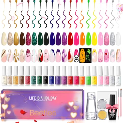 Beetles Jelly Gel Nail Polish Set 20 Colors Neutral Sheer Nude Pink Glitter White Color Soak Off UV Gel Kit with Nail Art Liner Gel Polish Holiday Set, 21 Colors Reflective Glitter Manicure Design - Image 6