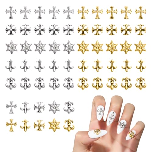 Beetles Nail Charms 60Pcs Cross Nail Decorations for Acrylic Nails 3D Nail Art Vintage Punk Metal Alloy Gold Silver Design Gel Polish Supplies Accessories