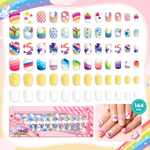 Beetles Press On Nails for Kids 144Pcs 6 Pack Square Extra Short Press On Nails with Mini Nail File & Nail Stickers Kids Press on Nail for Girls Children Unicorn False Nail Tips Gift for Girls