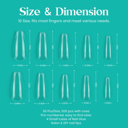Beetles Square Long and Long Coffin Fake Gel Nail Tips - 500Pcs Acrylic Press on Clear Artificial False Nails with Nail Glues for Acrylic Nail/Dip Powder Nails/Poly Nail Extension Gel - Image 3